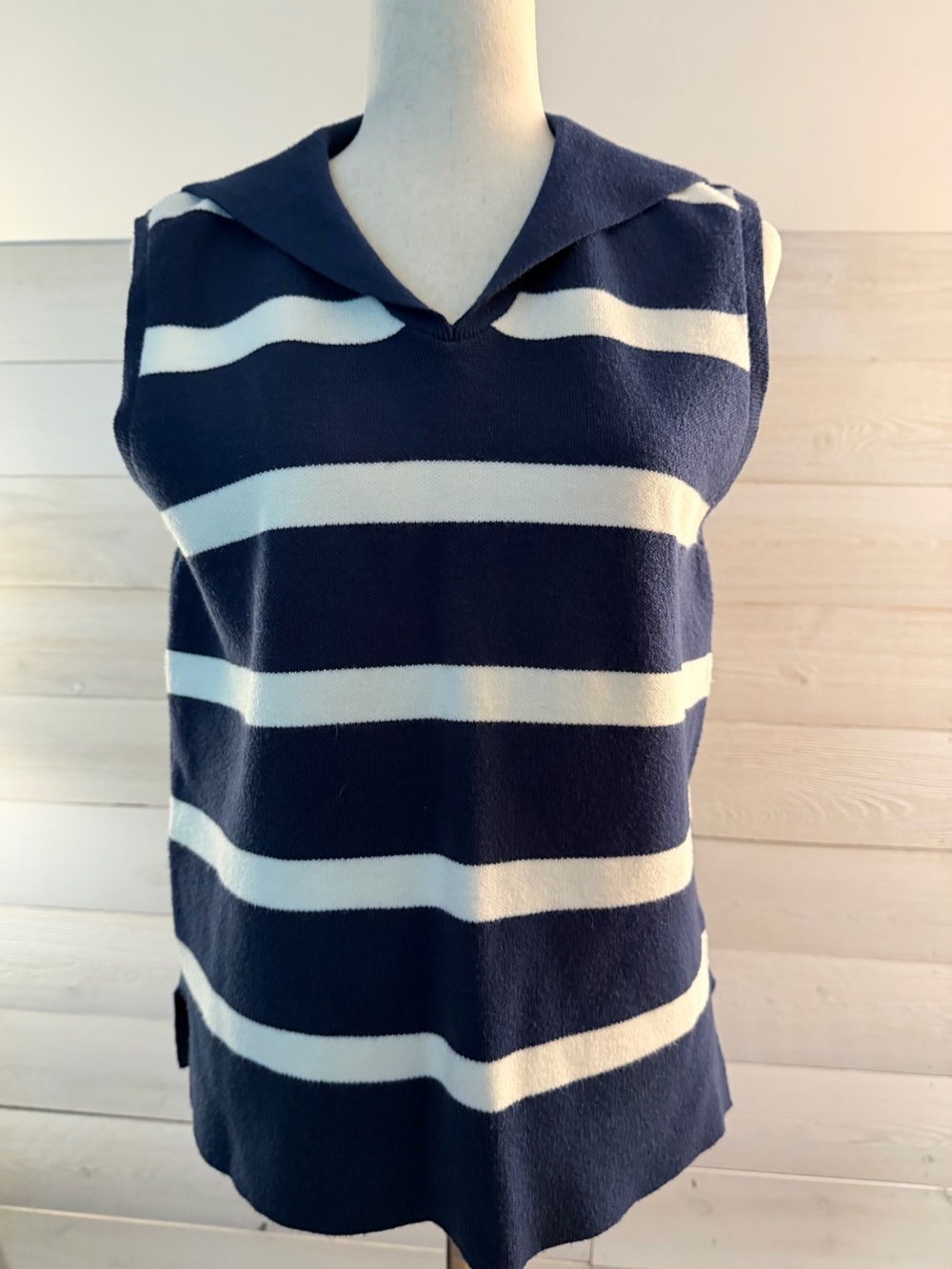 Philosophy Navy and White Striped Sleeveless Collared Sweater